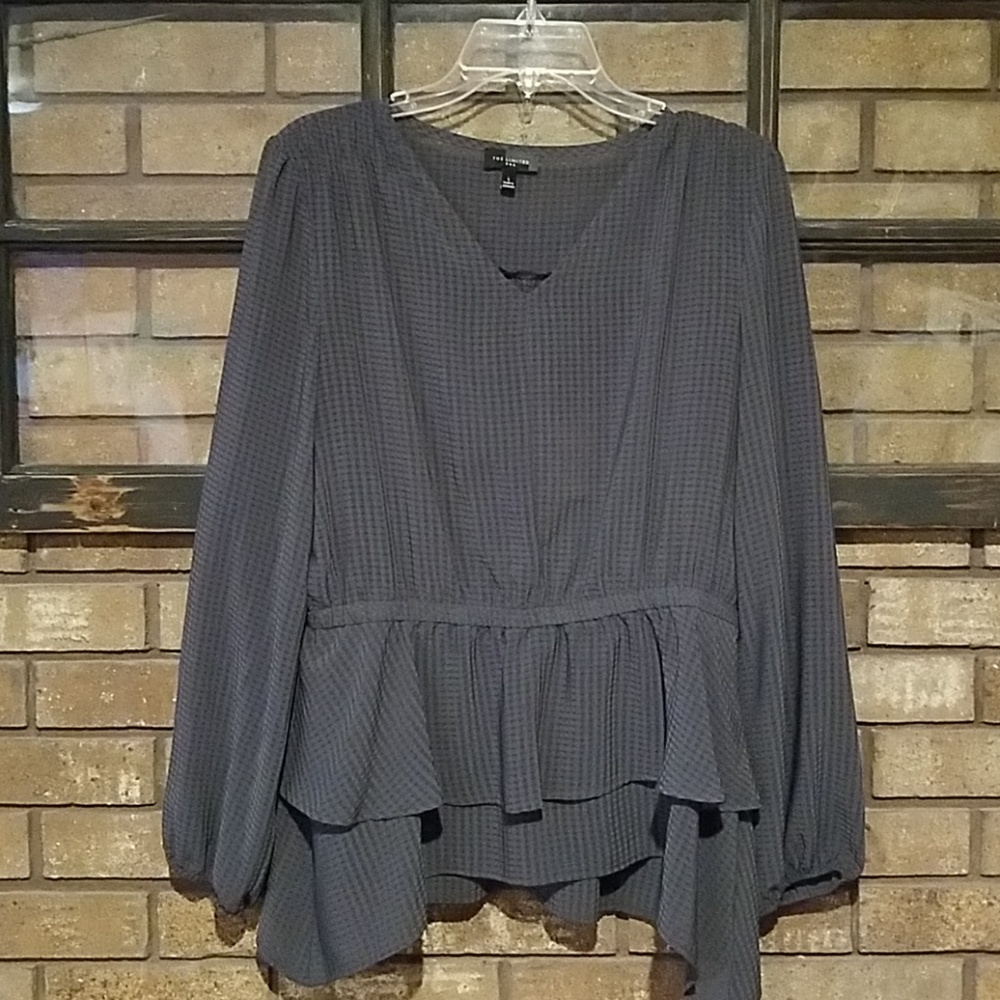 Grey plaid peplum double layer blouse